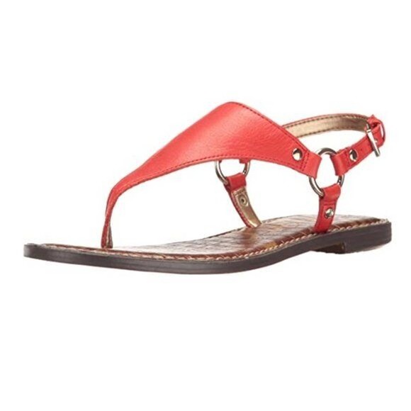 Sam Edelman Greta Leather T-Strap Flat Sandal Thong Ankle Strap Red 6 36 - Picture 1 of 5